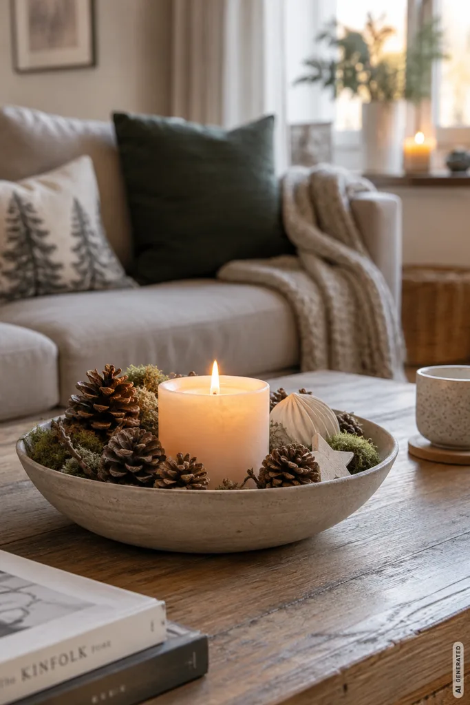 Winterdeko für den Couchtisch: 5 Ideen, die auch im Alltag praktisch bleiben Winterdeko für den Couchtisch mit flacher Schale, Kerze, Zapfen und natürlichen Materialien.