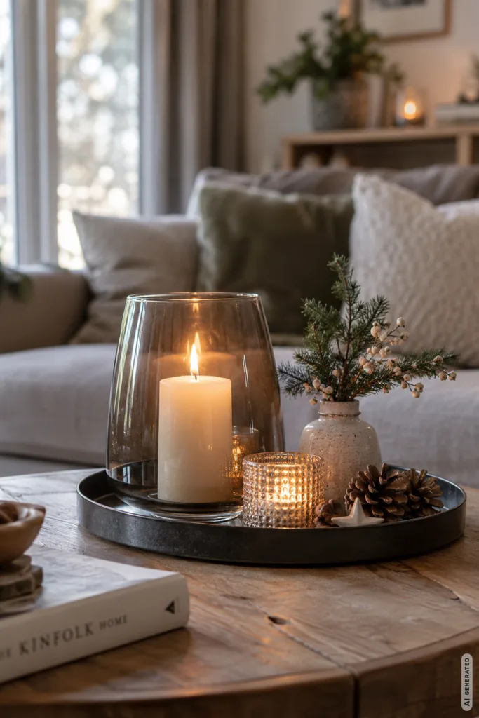 Winterdeko für den Couchtisch: 5 Ideen, die auch im Alltag praktisch bleiben Winterdeko für den Couchtisch mit Kerzenlicht, Rauchglas und ruhiger, moderner Gestaltung.