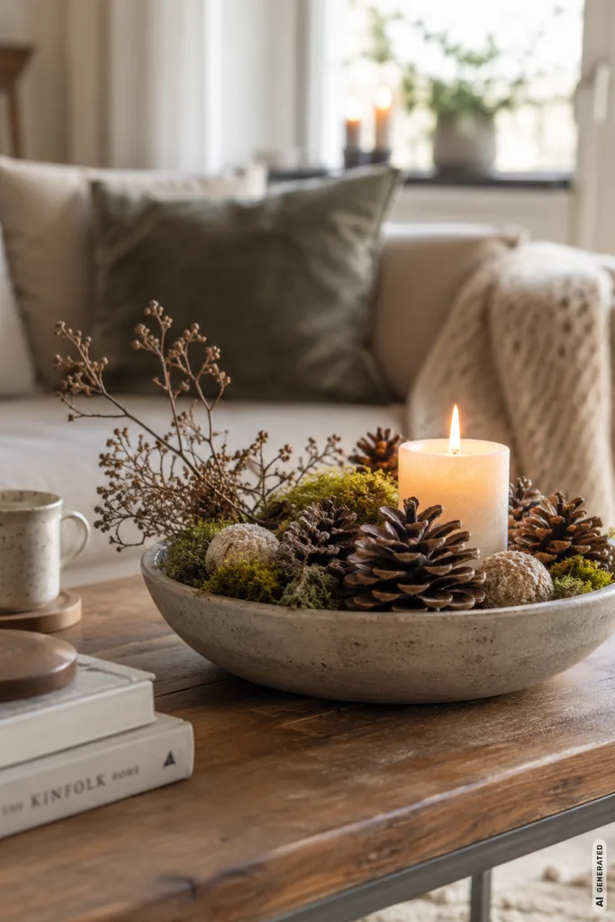 Winterdeko für den Couchtisch: 5 Ideen, die auch im Alltag praktisch bleiben Winterdeko für den Couchtisch mit Schale, Tannenzapfen, Moos und Kerze in einem gemütlichen Wohnzimmer.