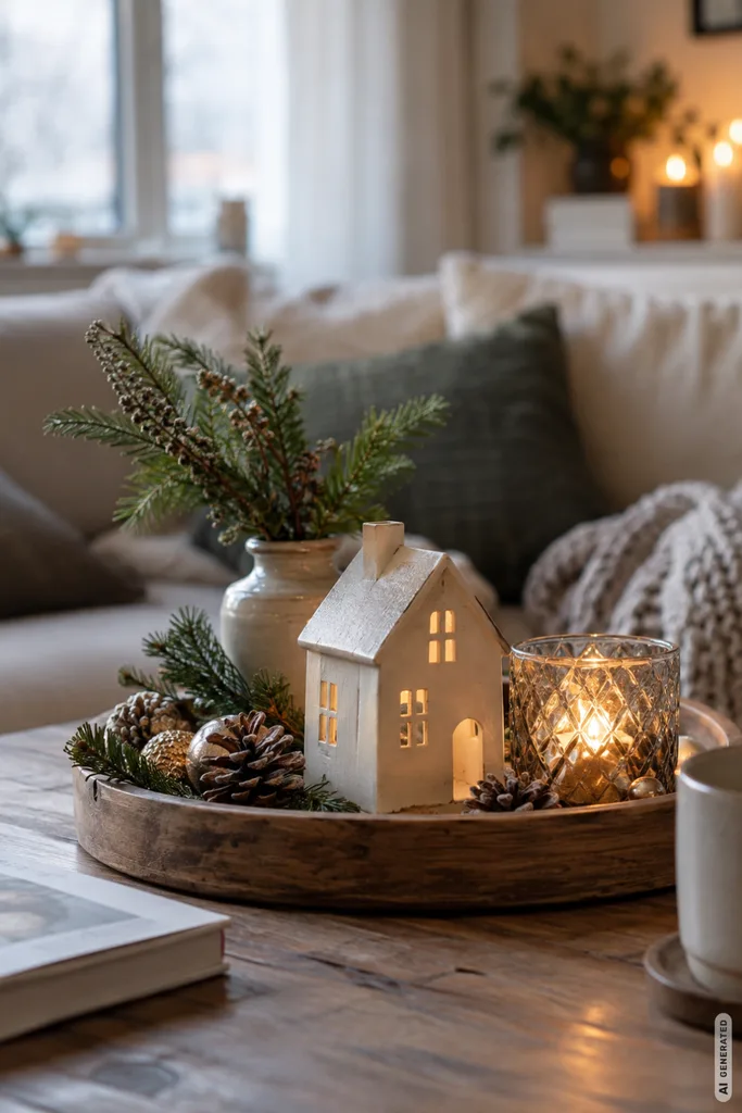 Winterdeko für den Couchtisch: 5 Ideen, die auch im Alltag praktisch bleiben Winterdeko für den Couchtisch mit Keramikhaus, Tannenzweigen, Zapfen und warmem Kerzenlicht.