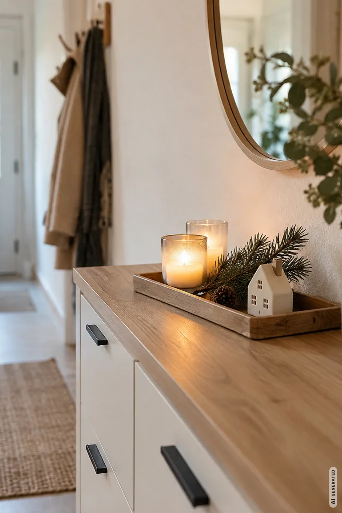 Winterdeko für den Flur: 5 Ideen, die dekorativ sind ohne den Alltag zu stören Winterdeko für den Flur mit Holztablett, Kerzen, Tannenzweig und heller Keramik auf einer schmalen Kommode.