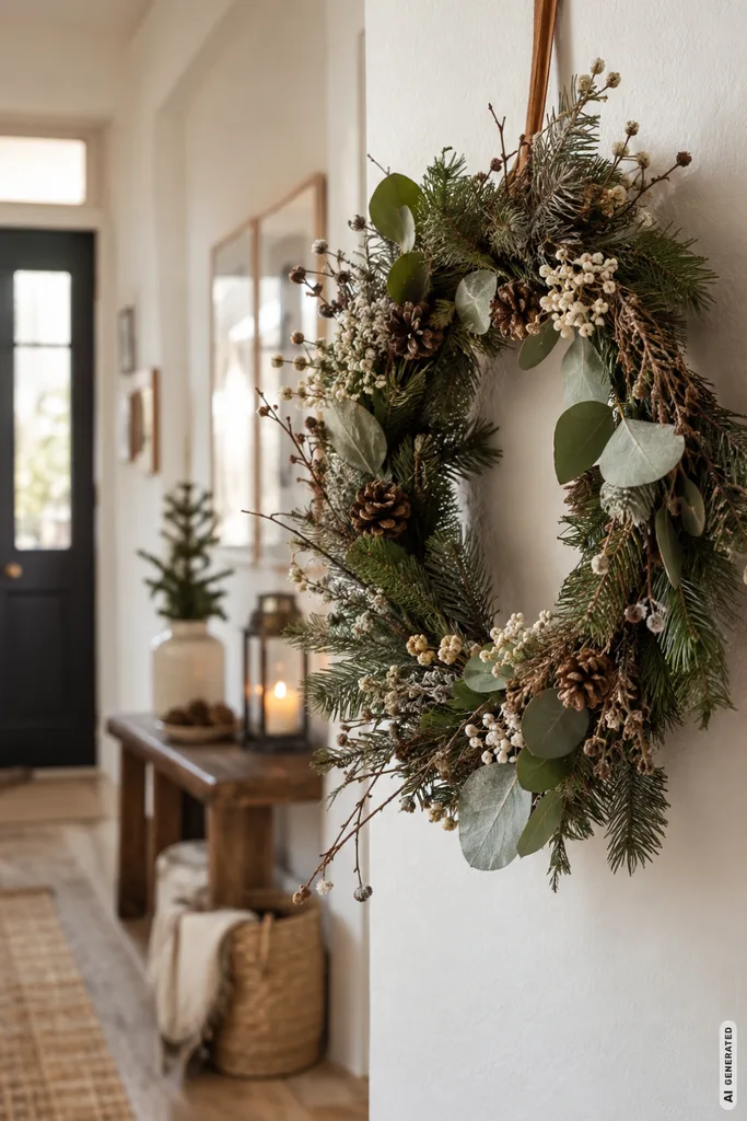 Winterdeko für den Flur: 5 Ideen, die dekorativ sind ohne den Alltag zu stören Winterdeko für den Flur mit natürlichem Winterkranz an der Wand und dezenter Dekoration im Hintergrund.