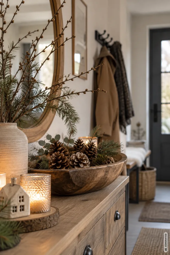 Winterdeko für den Flur: 5 Ideen, die dekorativ sind ohne den Alltag zu stören Winterdeko für den Flur mit Holzschale, Tannenzweigen, Zapfen und natürlichen Materialien.