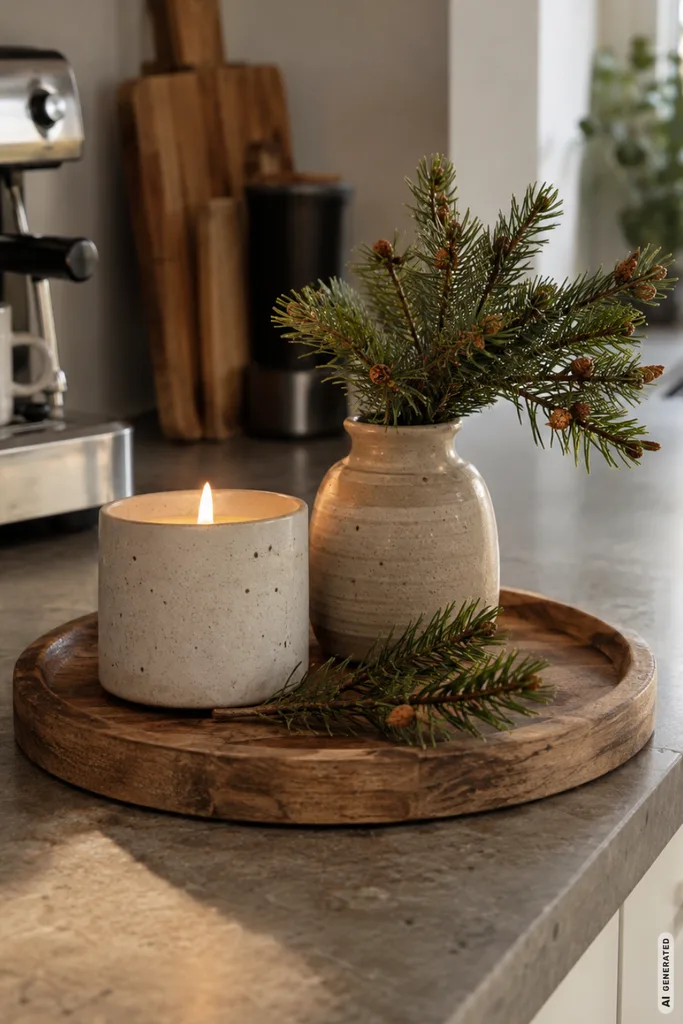 Winterdeko für die Küche mit Holztablett, Kerze, Keramikvase und Tannenzweigen auf der Arbeitsplatte.