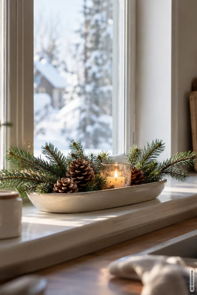 Winterdeko für die Küche auf der Fensterbank mit Tannenzweigen, Zapfen und Kerze im weichen Tageslicht.