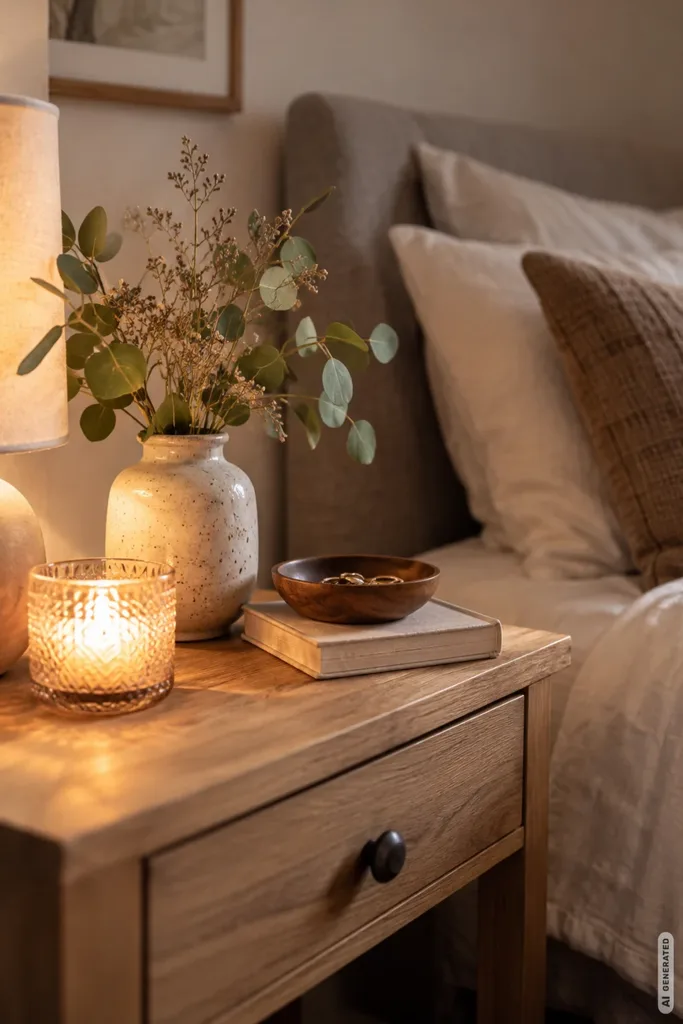 Winterdeko fürs Schlafzimmer: 5 Ideen, die sofort mehr Ruhe und Wärme bringen Winterdeko fürs Schlafzimmer mit dekoriertem Nachttisch, Vase, Kerze und warmen Naturtönen.