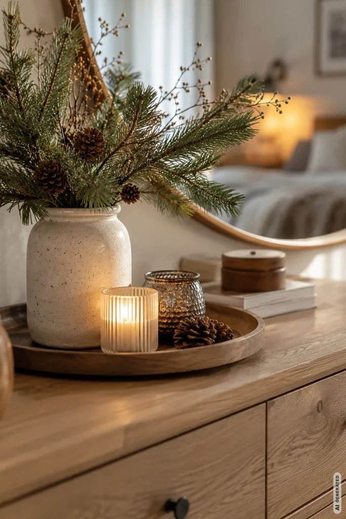 Winterdeko fürs Schlafzimmer: 5 Ideen, die sofort mehr Ruhe und Wärme bringen Winterdeko fürs Schlafzimmer mit Kommode, Vase, Tannenzweigen, Kerzen und natürlichen Materialien.