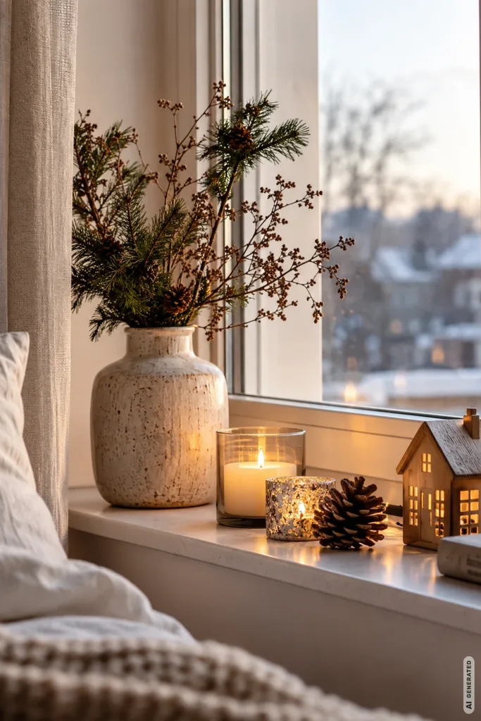 Winterdeko fürs Schlafzimmer: 5 Ideen, die sofort mehr Ruhe und Wärme bringen Winterdeko fürs Schlafzimmer mit Vase, Tannenzweigen, Kerzen und Zapfen auf der Fensterbank.