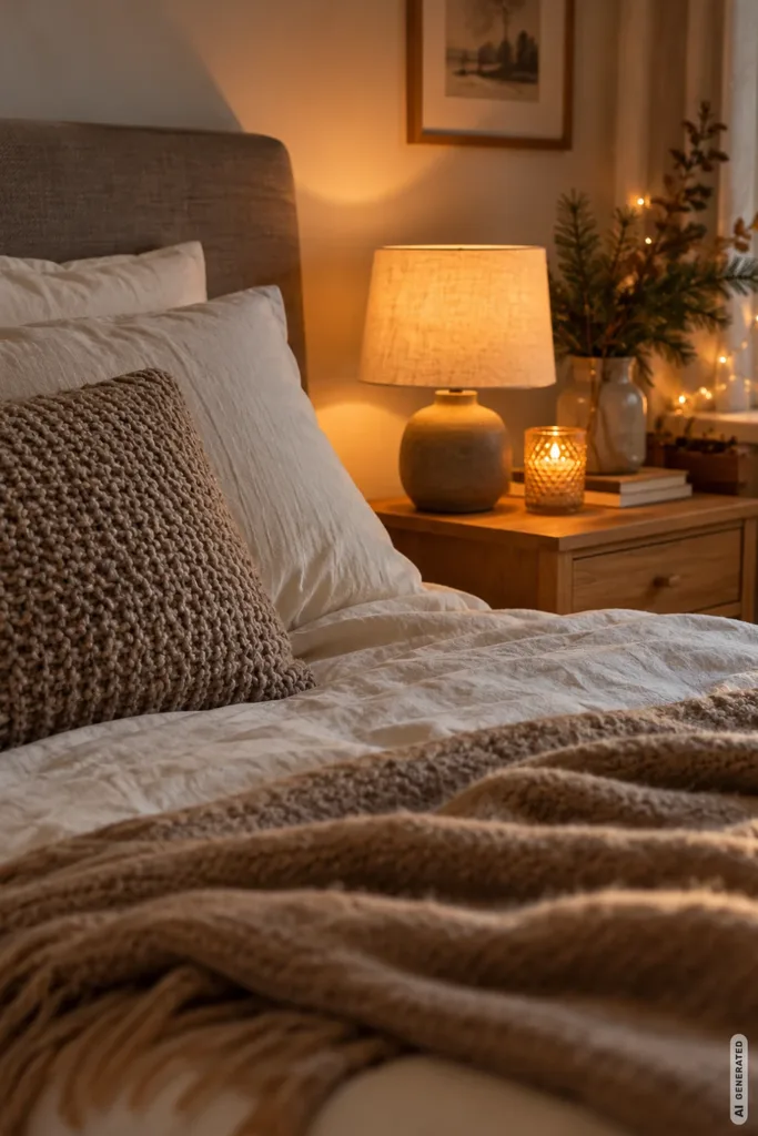 Winterdeko fürs Schlafzimmer: 5 Ideen, die sofort mehr Ruhe und Wärme bringen Winterdeko fürs Schlafzimmer mit warmem Licht, Bett, Holz-Nachttisch und natürlichen Materialien.