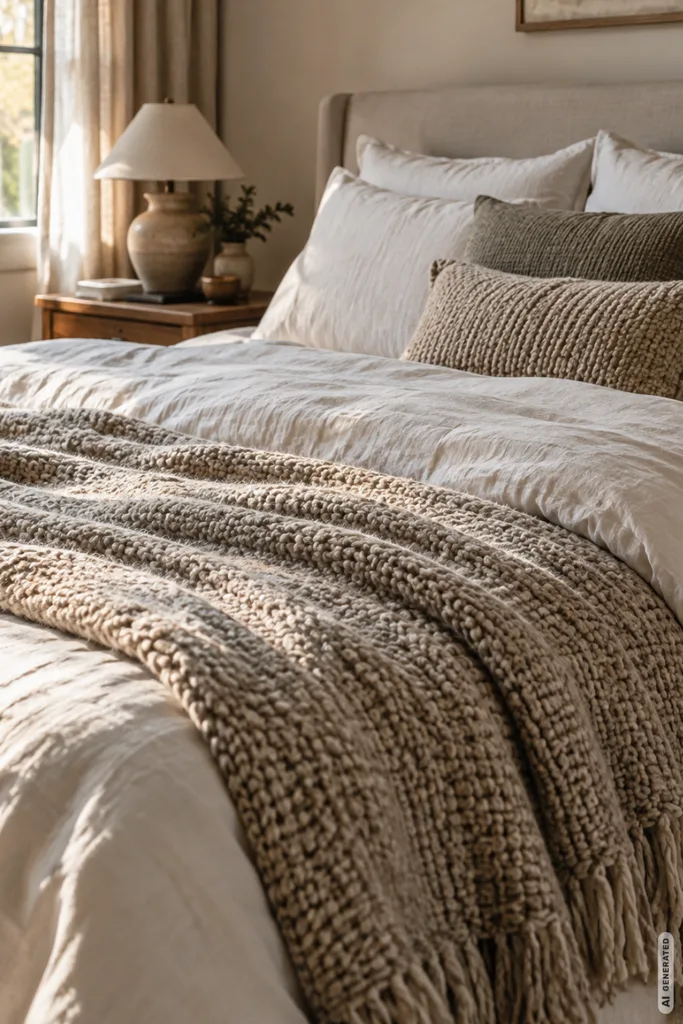 Winterdeko fürs Schlafzimmer: 5 Ideen, die sofort mehr Ruhe und Wärme bringen Winterdeko fürs Schlafzimmer mit Bett, Strickdecke, Kissen und ruhigen Naturtönen im weichen Tageslicht.