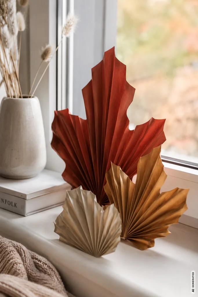 Herbstdeko aus Papier für die Fensterbank: 5 DIY-Ideen zum Selbermachen Gefaltete Herbstdeko aus Papier auf der Fensterbank in warmen Naturtönen.