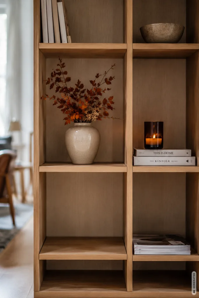 Moderne Herbstdeko fürs Regal mit Vase, Herbstzweigen, Büchern und Kerze in einem hellen Holzregal.