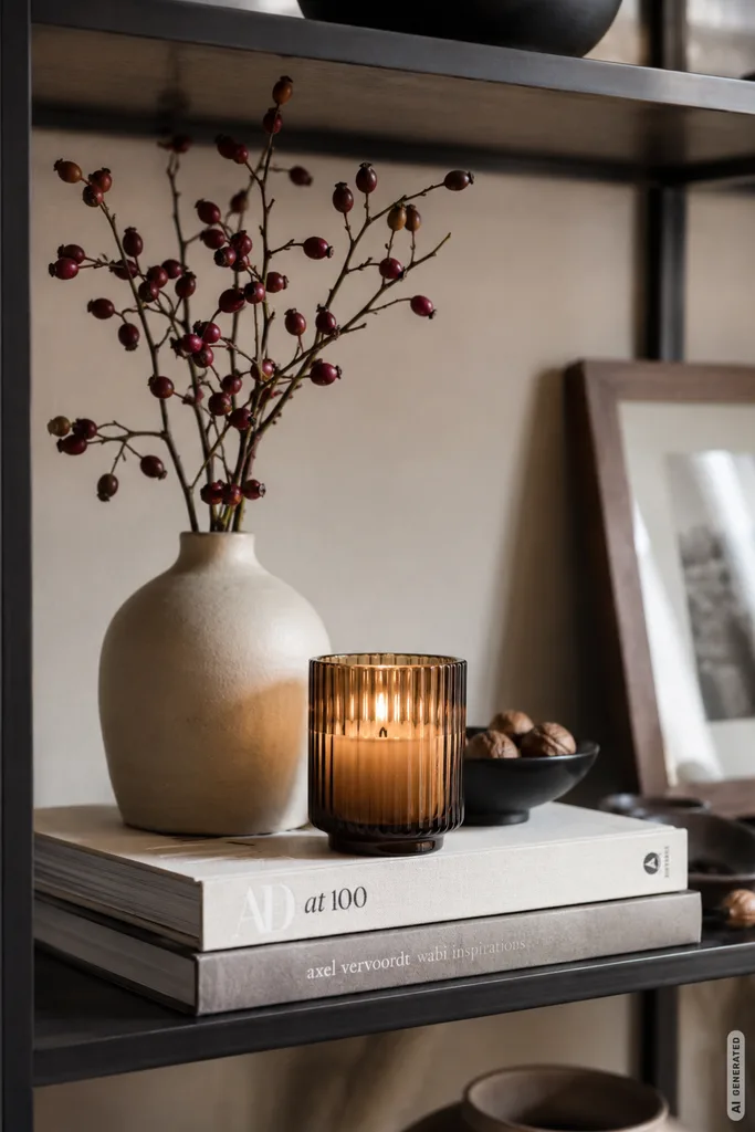 Moderne Herbstdeko fürs Regal mit Vase, Zweigen und Kerze in unterschiedlichen Höhen.