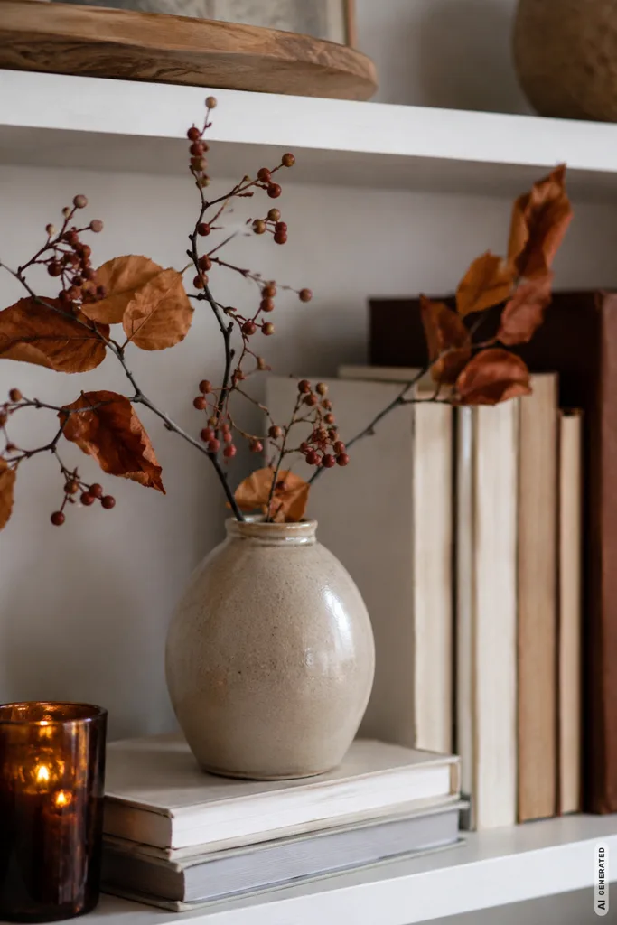 Moderne Herbstdeko fürs Regal mit cremefarbener Vase, rostfarbenen Zweigen und warmen Naturtönen.