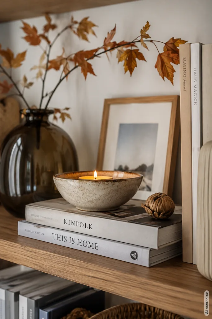 Moderne Herbstdeko fürs Regal mit Büchern, Keramikschale, Kerze und herbstlichen Zweigen.