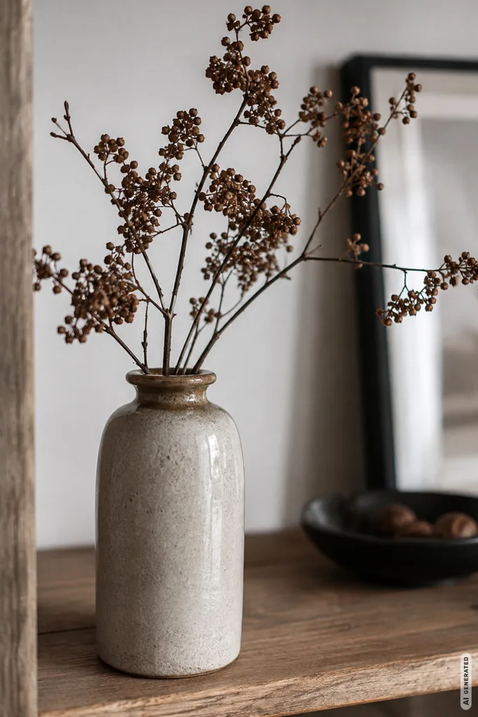 Moderne Herbstdeko fürs Regal mit Keramikvase, Zweigen und natürlichen Brauntönen auf einem Holzregal.