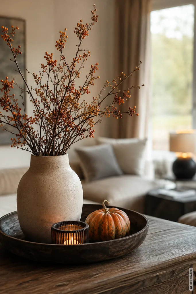 Moderne Herbstdeko für große Wohnzimmer mit Vase, Zweigen, Kürbis und Windlicht auf einem Holztisch.