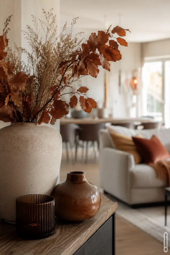Moderne Herbstdeko für große Wohnzimmer mit Vase, Herbstzweigen und warmen Farben im offenen Wohnbereich.