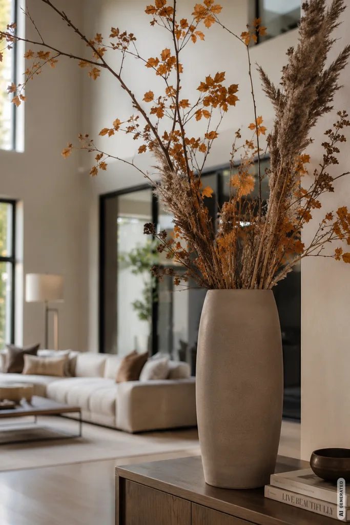 Moderne Herbstdeko für große Wohnzimmer mit hoher Vase, Zweigen und Gräsern auf einem Sideboard.