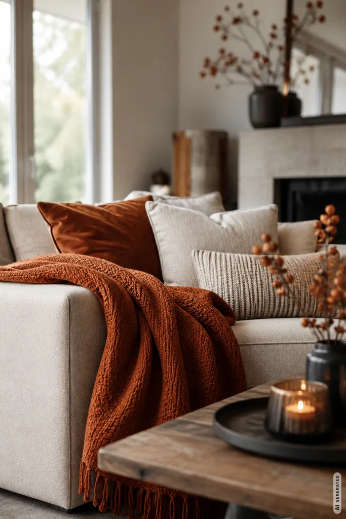 Moderne Herbstdeko für große Wohnzimmer mit warmen Textilien, Kissen und Decke auf hellem Sofa.
