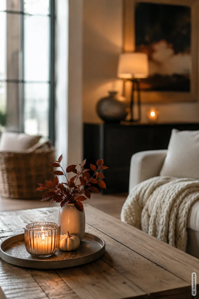 Moderne Herbstdeko für große Wohnzimmer mit warmem Licht, Kerzen und natürlichen Materialien.