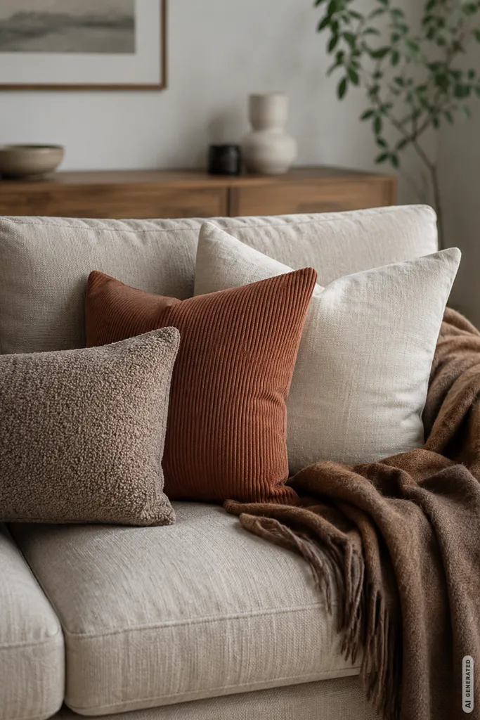 Moderne Herbstdeko fürs Sofa mit Kissen aus Cord, Leinen und Bouclé in warmen Herbstfarben.