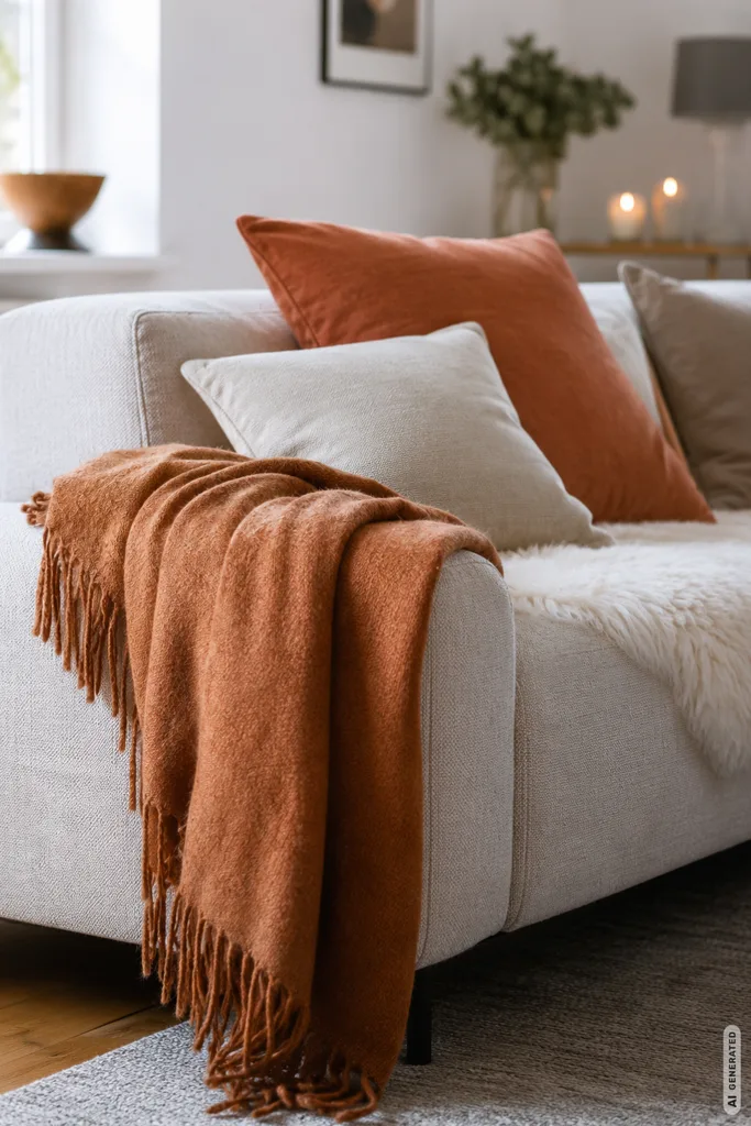 Moderne Herbstdeko fürs Sofa mit rostfarbener Decke und hellen Kissen im gemütlichen Wohnzimmer.