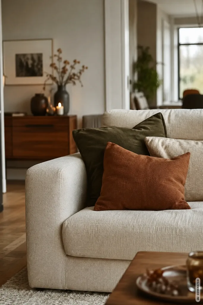 Moderne Herbstdeko fürs Sofa mit warmen Kissen in Rost und Oliv in einem hellen Wohnzimmer.