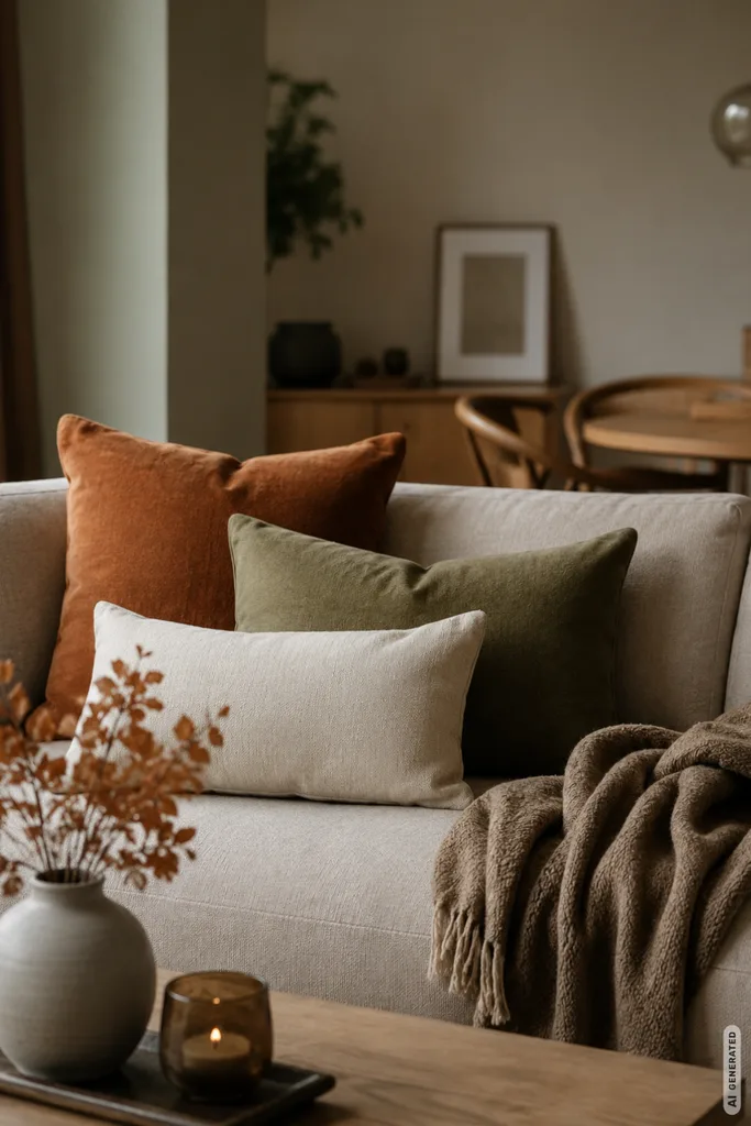 Moderne Herbstdeko fürs Sofa mit Kissen in Rost, Oliv und Creme sowie einer weichen Decke.