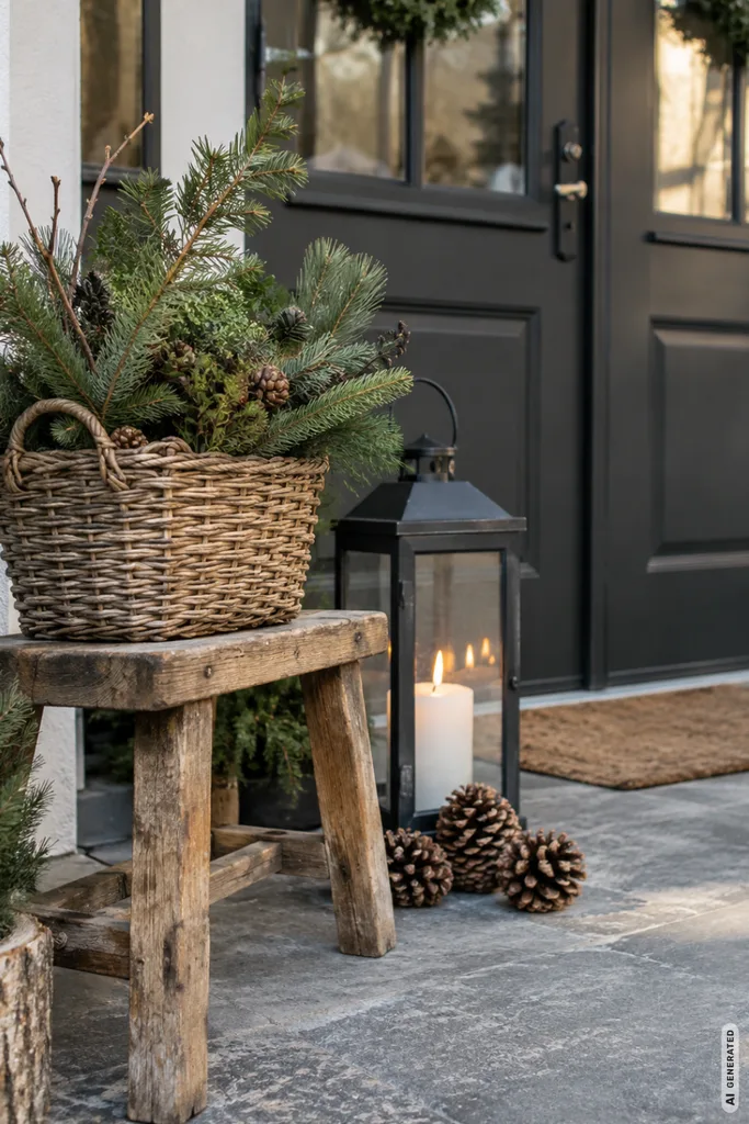 Winterdeko für die Haustür: 5 Ideen, die den Eingang sofort gemütlicher wirken lassen Winterdeko für die Haustür mit Holzhocker, Tannengrün, Laterne und Zapfen im Eingangsbereich.