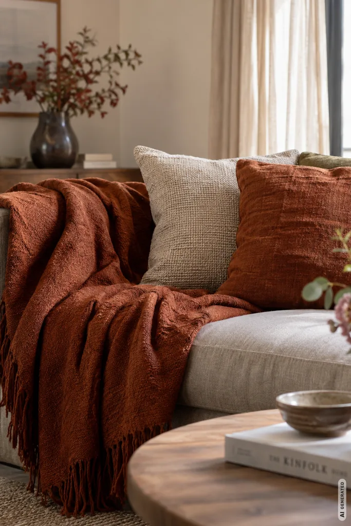 Wohnzimmer im September mit herbstlicher Deko: Sofa mit Kissen und Decke in warmen Naturtönen.