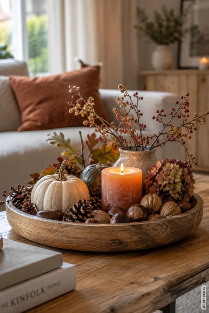 Herbstliche Deko im Wohnzimmer im September mit Holzschale, Kerze, Zapfen, Nüssen und Zweigen.