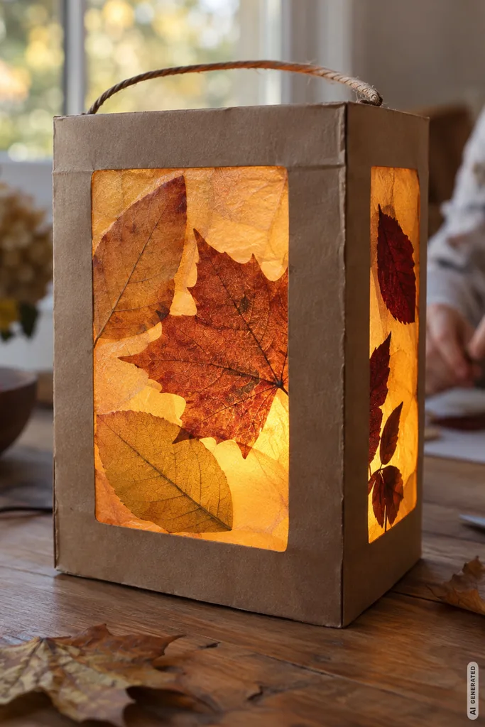 Herbst Laterne basteln mit Kindern aus Transparentpapier und bunten Blättern als einfache Herbstdeko.