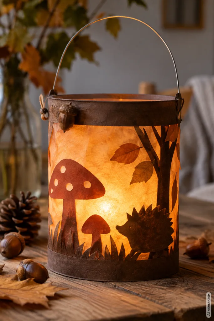 Herbstlaterne basteln mit Kindern: leuchtende Waldlaterne mit Pilzen, Igel und Baum aus Transparentpapier.