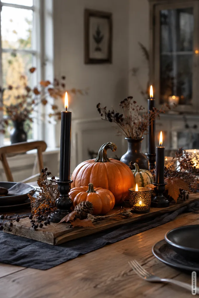 Diese 3 Halloweendeko-Ideen machen den Esstisch herrlich unheimlich Halloweendeko für den Esstisch mit Kürbissen, schwarzen Kerzen und natürlichen Herbstmaterialien.