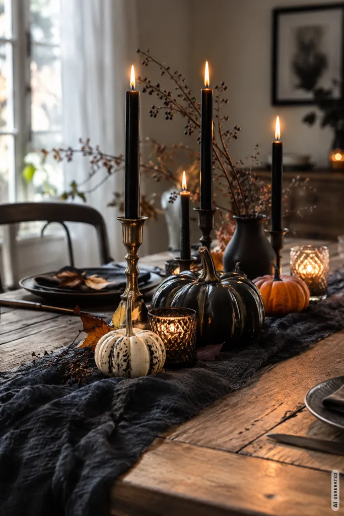 Diese 3 Halloweendeko-Ideen machen den Esstisch herrlich unheimlich Halloweendeko für den Esstisch mit schwarzen Kerzen, Kürbissen und warmem Licht auf einem Holztisch.