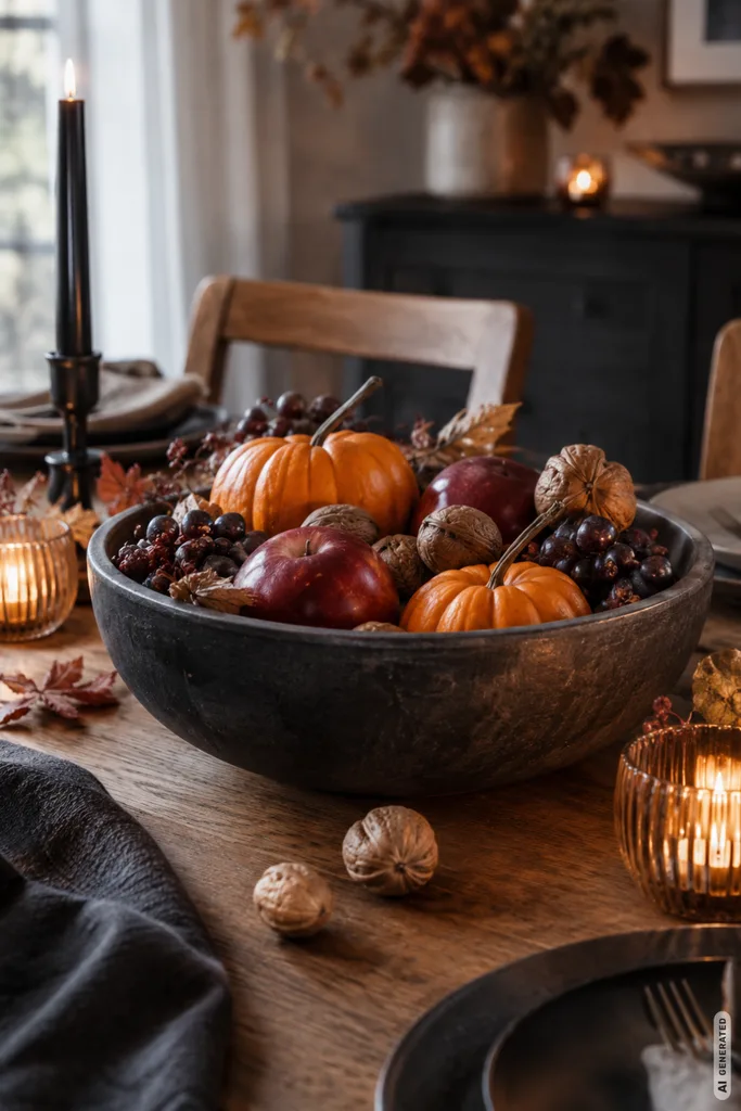 Diese 3 Halloweendeko-Ideen machen den Esstisch herrlich unheimlich Halloweendeko für den Esstisch mit Kürbissen, Äpfeln, Nüssen und dunklen Kerzen.