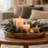 Weihnachtsdeko für den Couchtisch mit Kerzen, Tannenzweigen und Holzschale im gemütlichen Wohnzimmer.