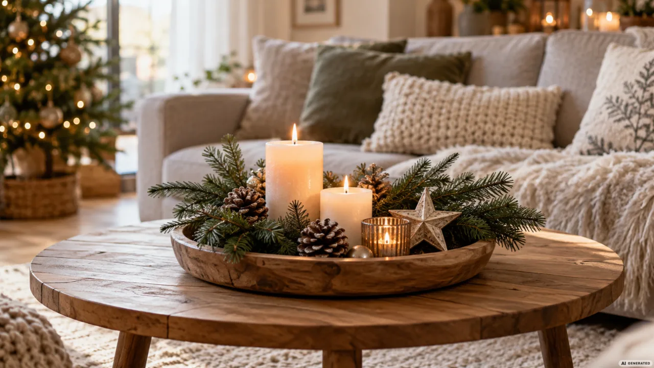 Weihnachtsdeko für den Couchtisch mit Kerzen, Tannenzweigen und Holzschale im gemütlichen Wohnzimmer.