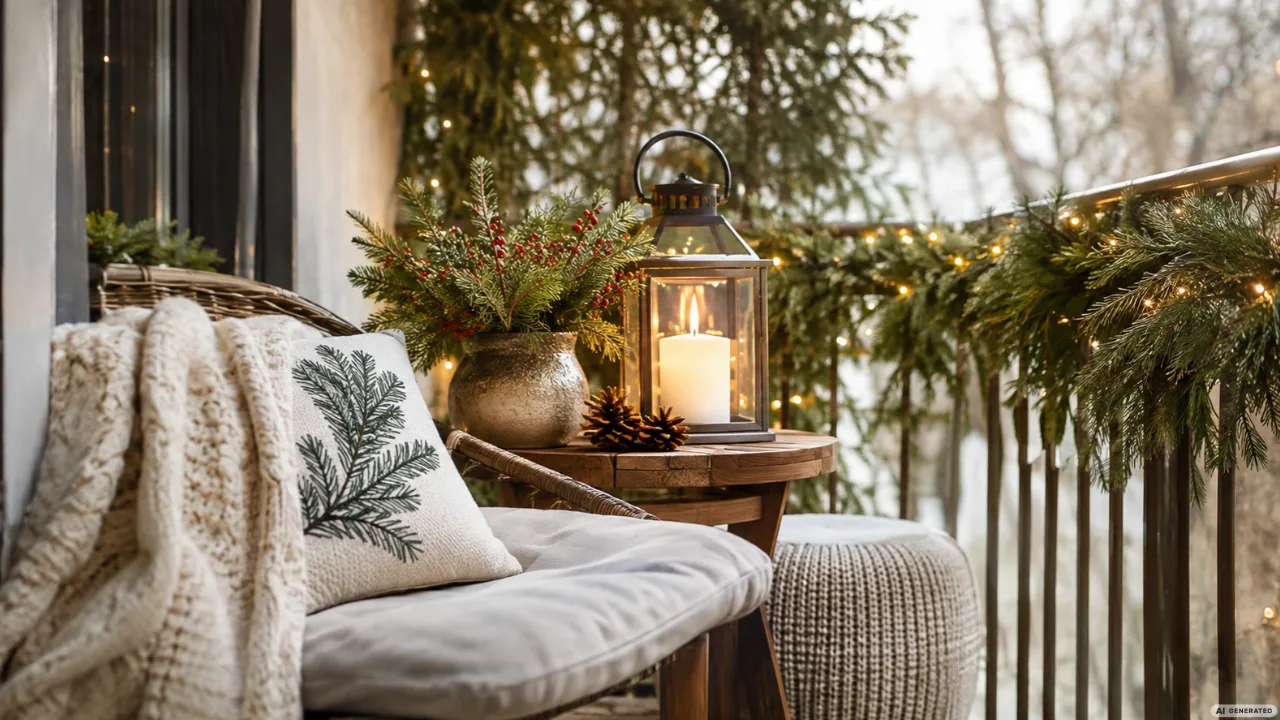 Weihnachtlich dekorierter Balkon mit Korbsessel, kuscheliger Decke, leuchtender Laterne und Tannengirlande.
