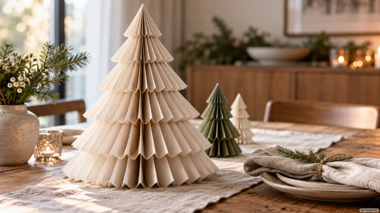 Drei gefaltete Weihnachtsbäume aus cremefarbenem und grünem Papier schmücken einen festlich gedeckten Holztisch.