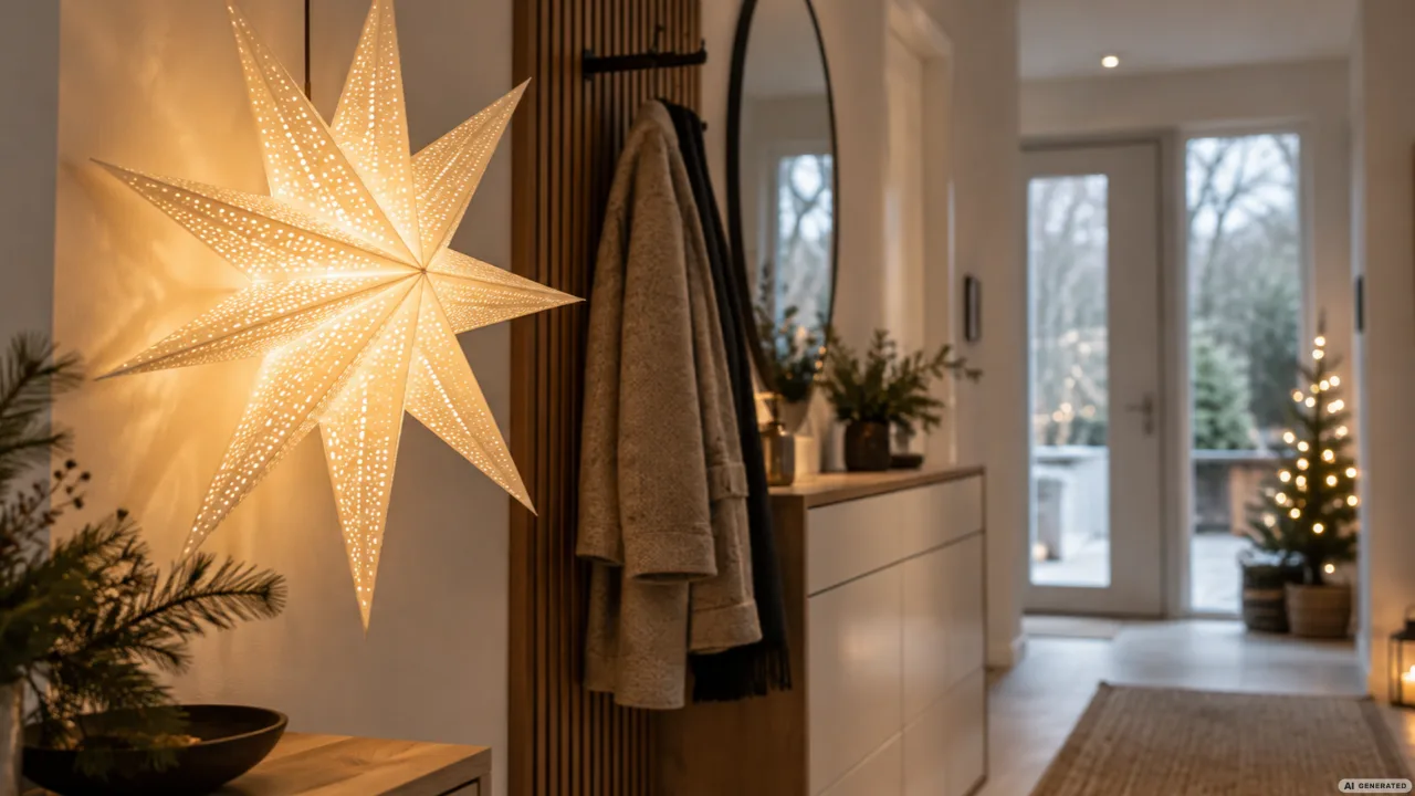 Weihnachtsdeko für die Garderobe mit leuchtendem Papierstern, Holzgarderobe und dezenten Tannenzweigen.