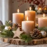 Moderner Adventskranz auf einer Holzscheibe mit vier beigen Kerzen, Tannengrün, Zapfen und Holzstern.