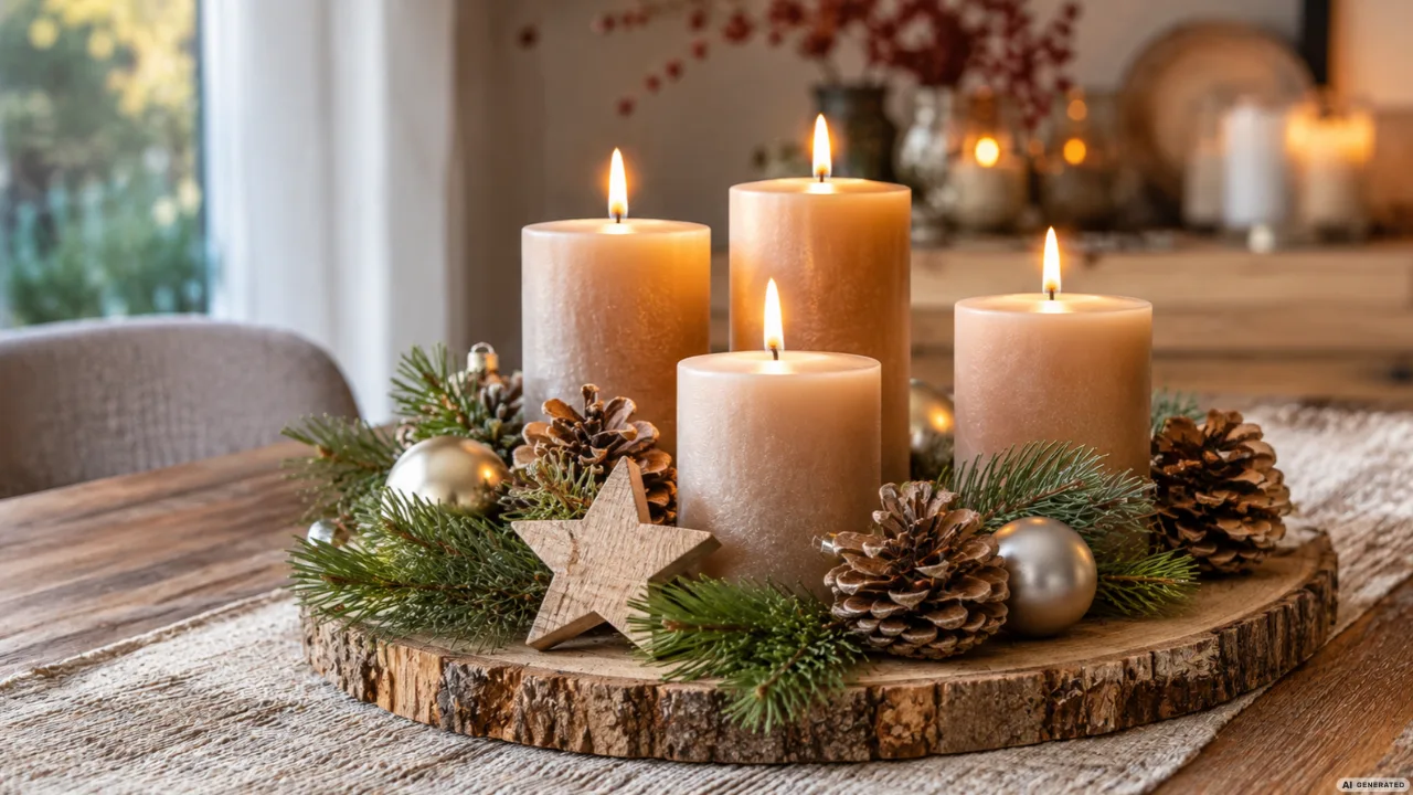 Moderner Adventskranz auf einer Holzscheibe mit vier beigen Kerzen, Tannengrün, Zapfen und Holzstern.