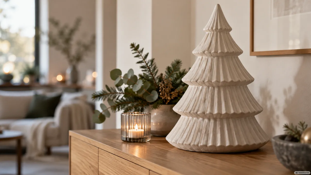 Weihnachtsdeko für die Kommode: 5 moderne Ideen, die Platz im Alltag lassen Moderne Weihnachtsdeko auf weißer Kommode mit großer Keramikvase, Tannenzweigen, Keramikbaum und Kerzenlicht.