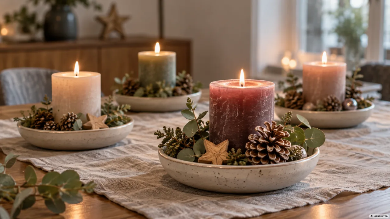 Ungewöhnlicher Adventskranz aus vier Kerzeninseln in Keramikschalen mit Eukalyptus, Tannenzapfen und Holzsternen.