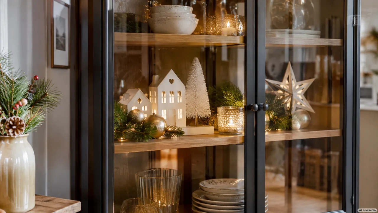 Moderne schwarze Glasvitrine mit weißen Weihnachtshäusern, Tannenbaum, Stern, goldenen Kugeln und LED-Lichtern.