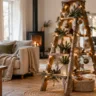Weihnachtsbaum mal anders: Alte Holzleiter als kreative Alternative mit Tannenzweigen, Kugeln und warmen Lichtern.