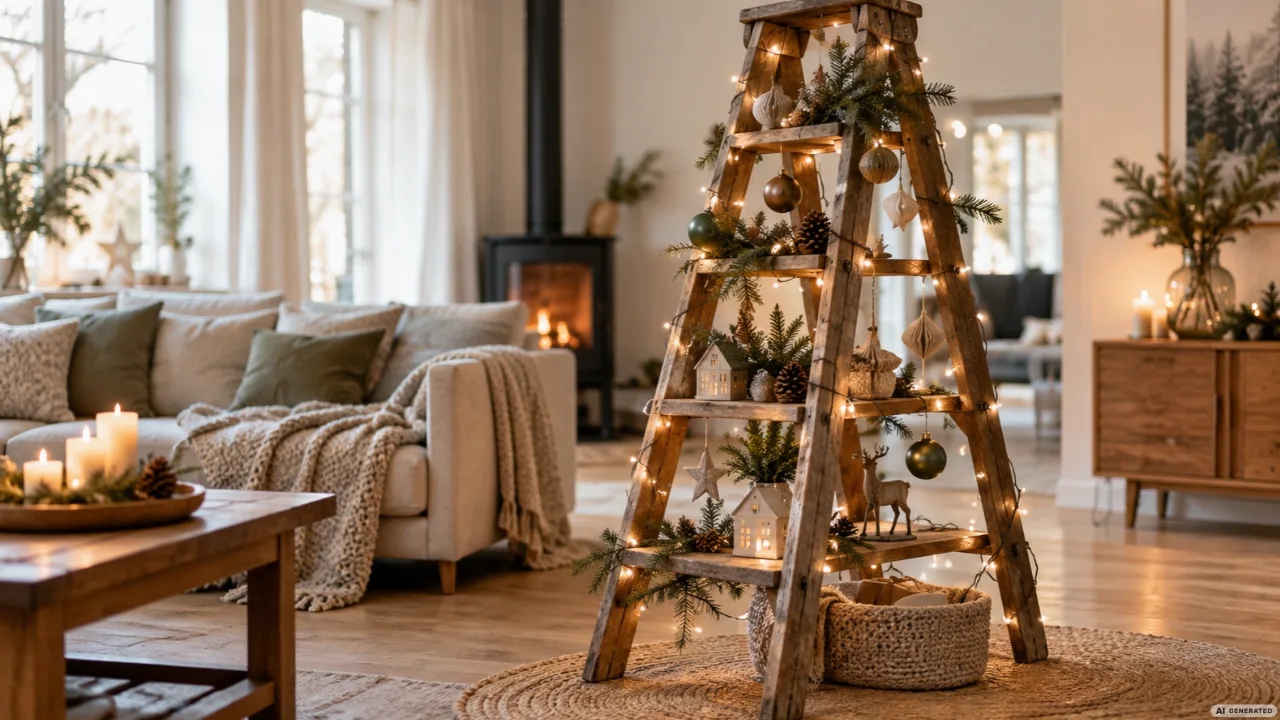Weihnachtsbaum mal anders: Alte Holzleiter als kreative Alternative mit Tannenzweigen, Kugeln und warmen Lichtern.