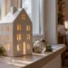 Moderne Weihnachtsdeko auf der Fensterbank mit weißem Keramikhaus, Tannengrün, Kerze und Glaskugel.